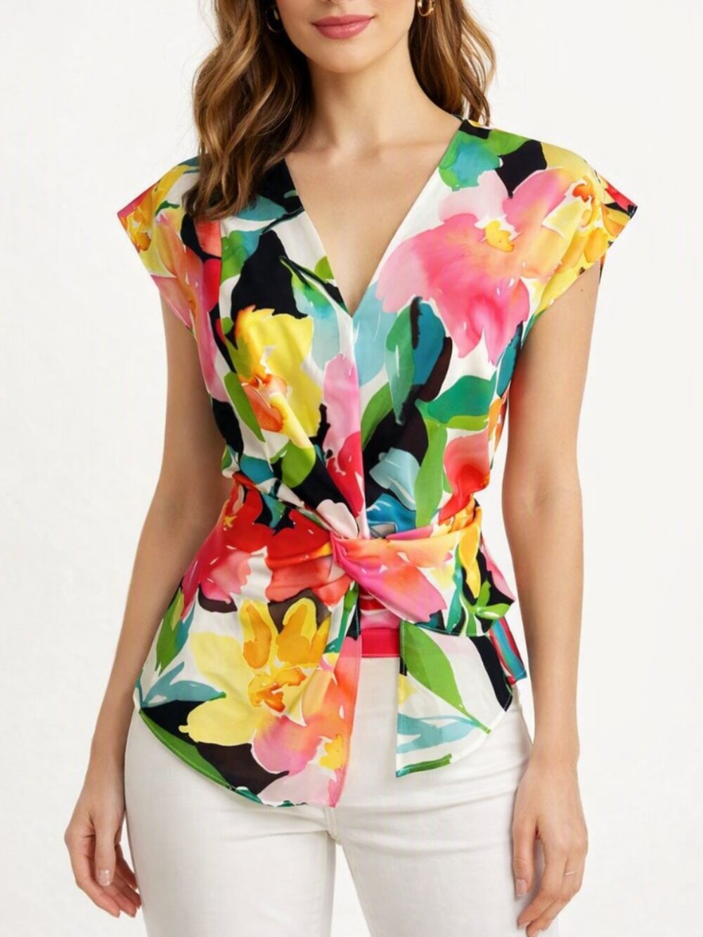 Joseph Ribkoff Multicolor Twist Waist Blouse Size 4 Asymetric Hem